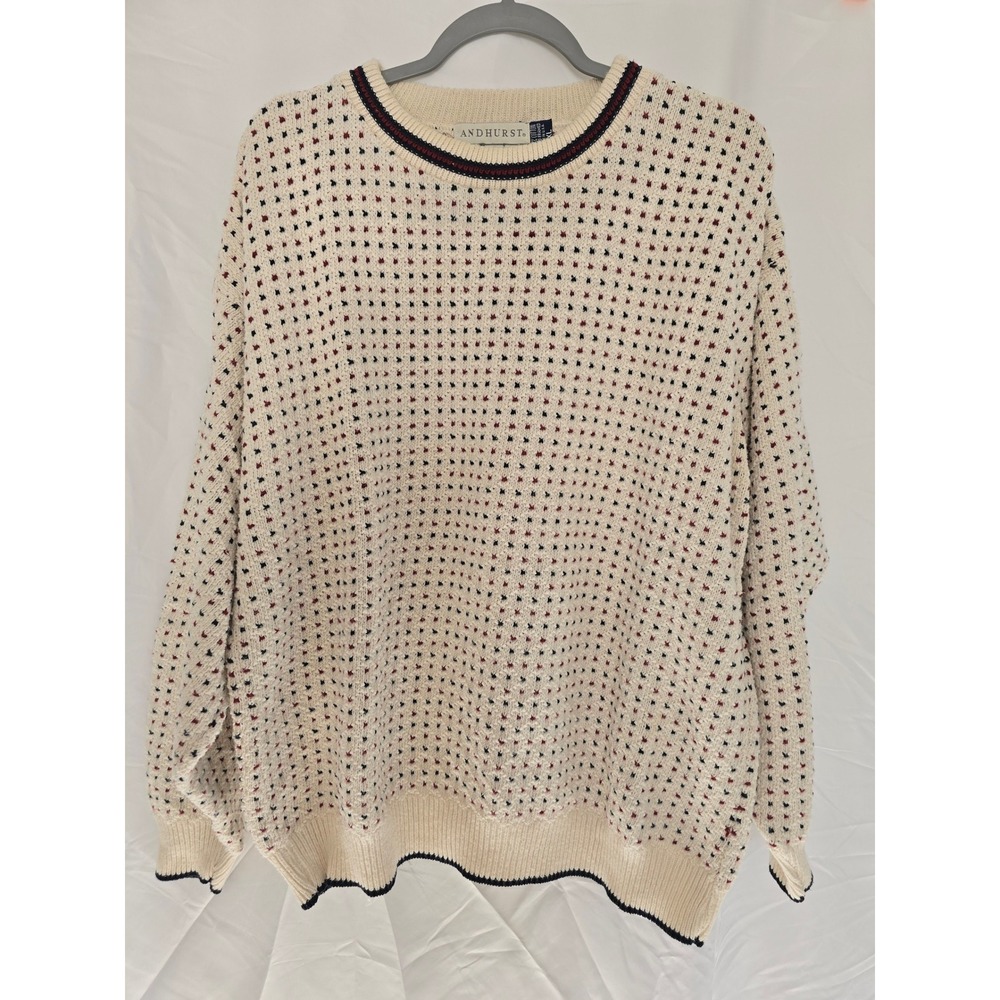 ANDHURST Mens XL Cream Red Blue‎ Geometric Knit Sweater Crew Neck